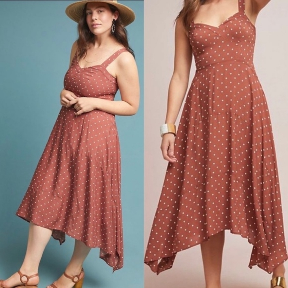 Anthropologie Rust Polka Dot Midi Dress